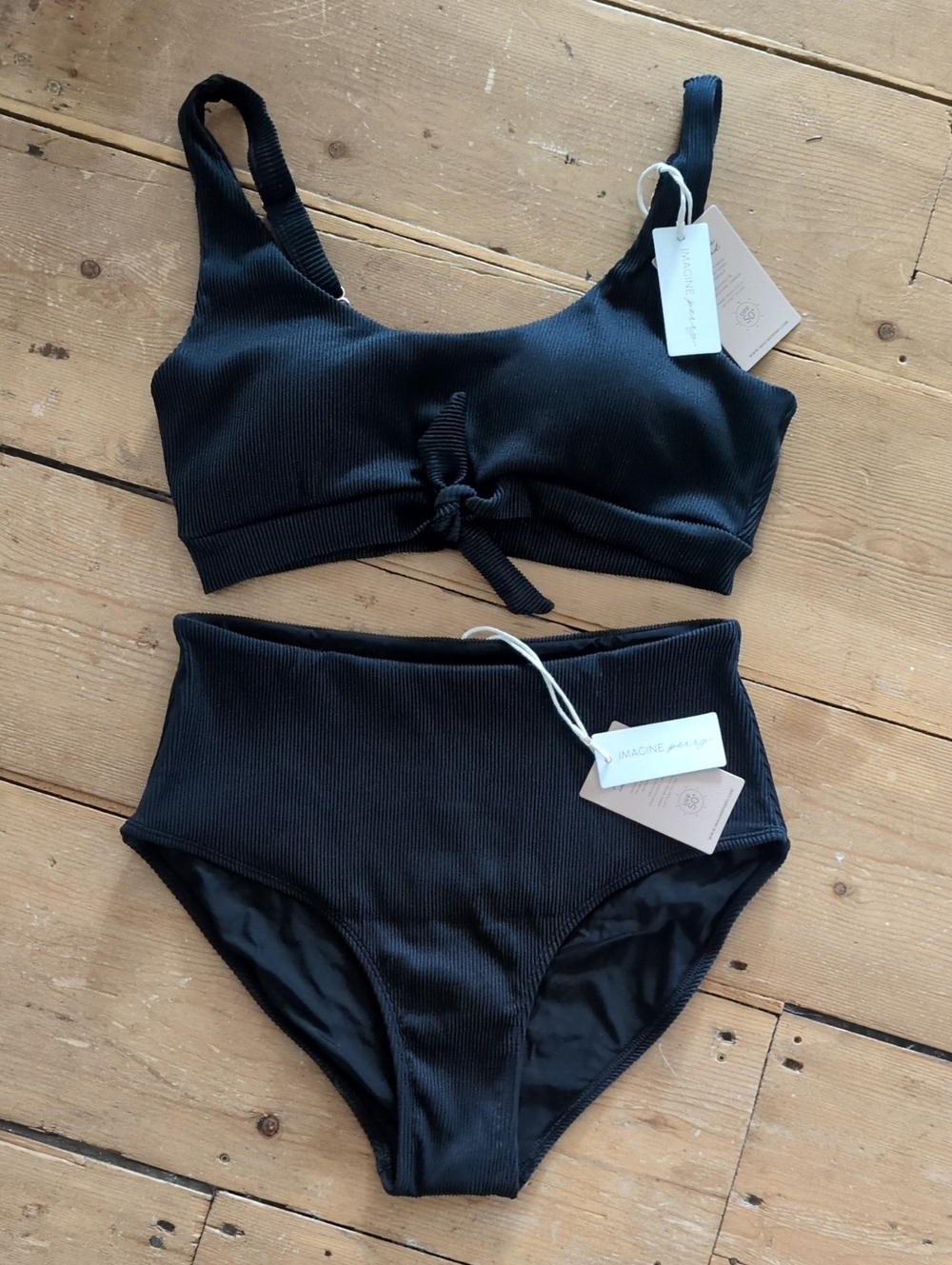 NWT Ribbed ImaginePerry Black High-Waist Bikini Set with Front Tie